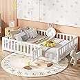 Bellemave Floor Bed Full Size Montessori Bed Frame with Fence and Door, Wooden Full Platform Bed for Kids, Boys Girls, Solid Wood Full Bed, No Box Spring Needed (White)