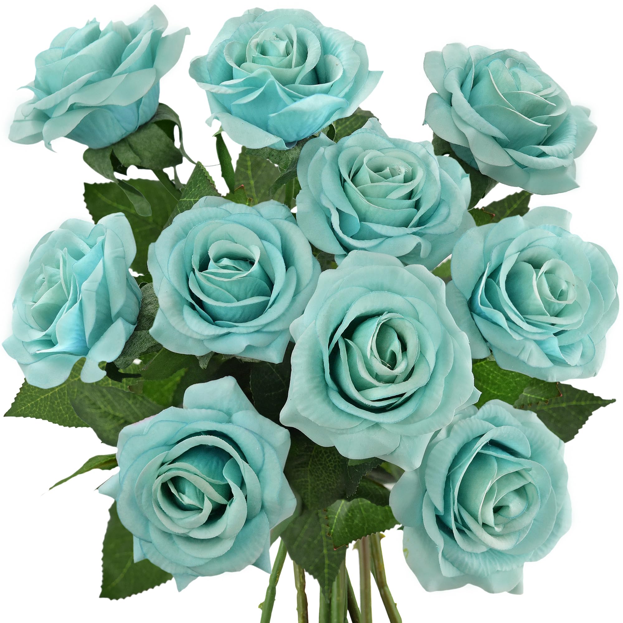 FiveSeasonStuff 10 Stems Real Touch Roses Artificial Flowers Silk Roses ‘Fresh Like Petal Feel’ Home Centrepieces for Dining Table, Wedding Decorations & Bridal Bouquets (Turquoise)