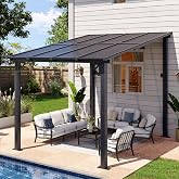 Aoxun 8&rsquo;x10&rsquo; Gazebo for Patio, Gazebo Pergola with Sloped Roof, Black | Heavy Duty Aluminum Frame Lean to Gazebo, Wall Mounted Gazebos Pergola on Clearance, Awnings for Patio, Decks, Backyard