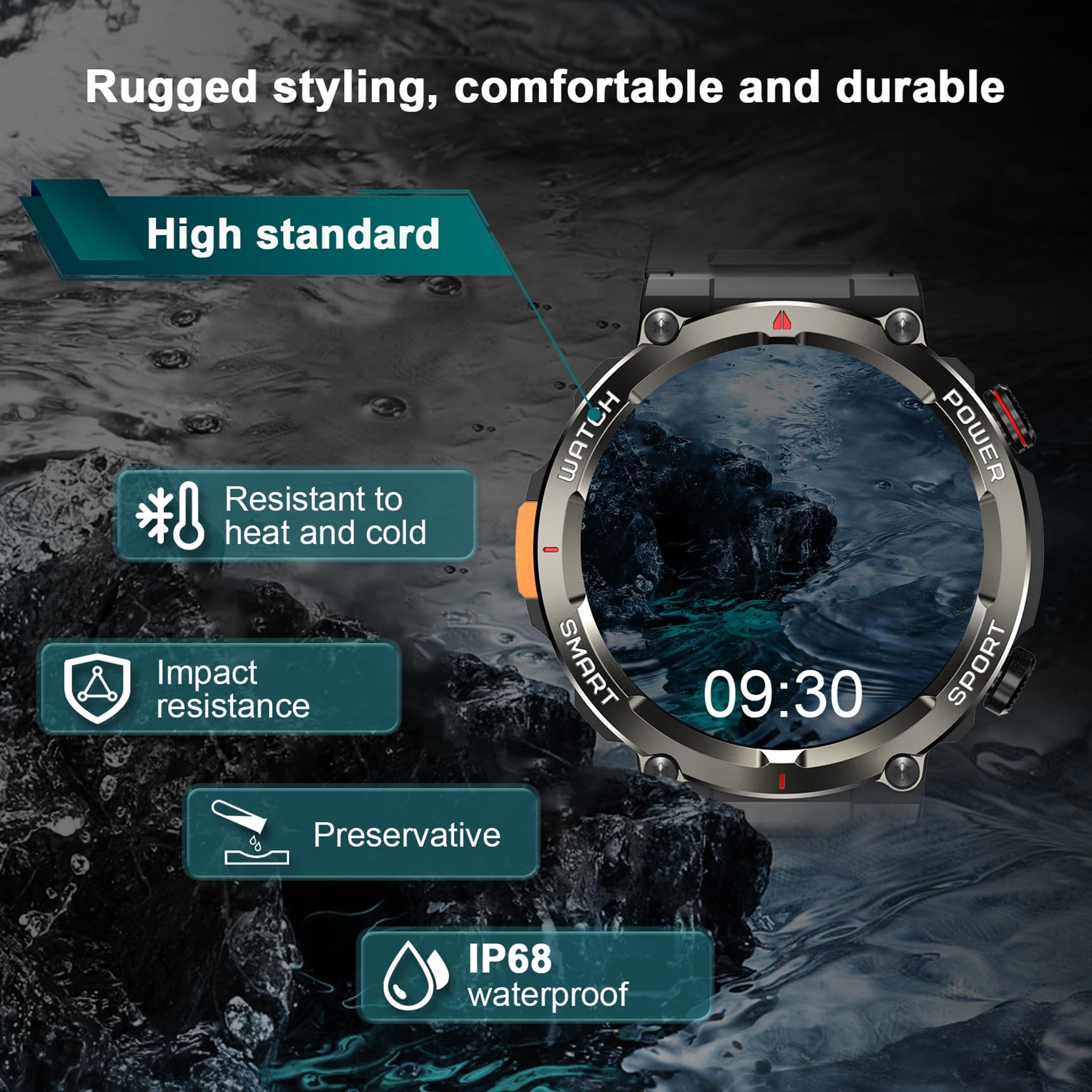 Military Smart Watch for Men（Bluetooth Calling）, Fitness Watch with Flashlight,Compass,960mAh Battery,120+ Sports,SpO2 Heart Rate Sleep Monitor,Step Counter,IP68 Waterproof Smartwatch for iOS Android