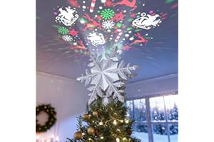 DG-Direct Christmas Tree Topper Lighted with 6 Projected Patterns, Led Rotating Magic Snowflake, 3D Hollow Glitter Lighted Silver Snow Tree Topper for Christmas Tree Decorations, Silver