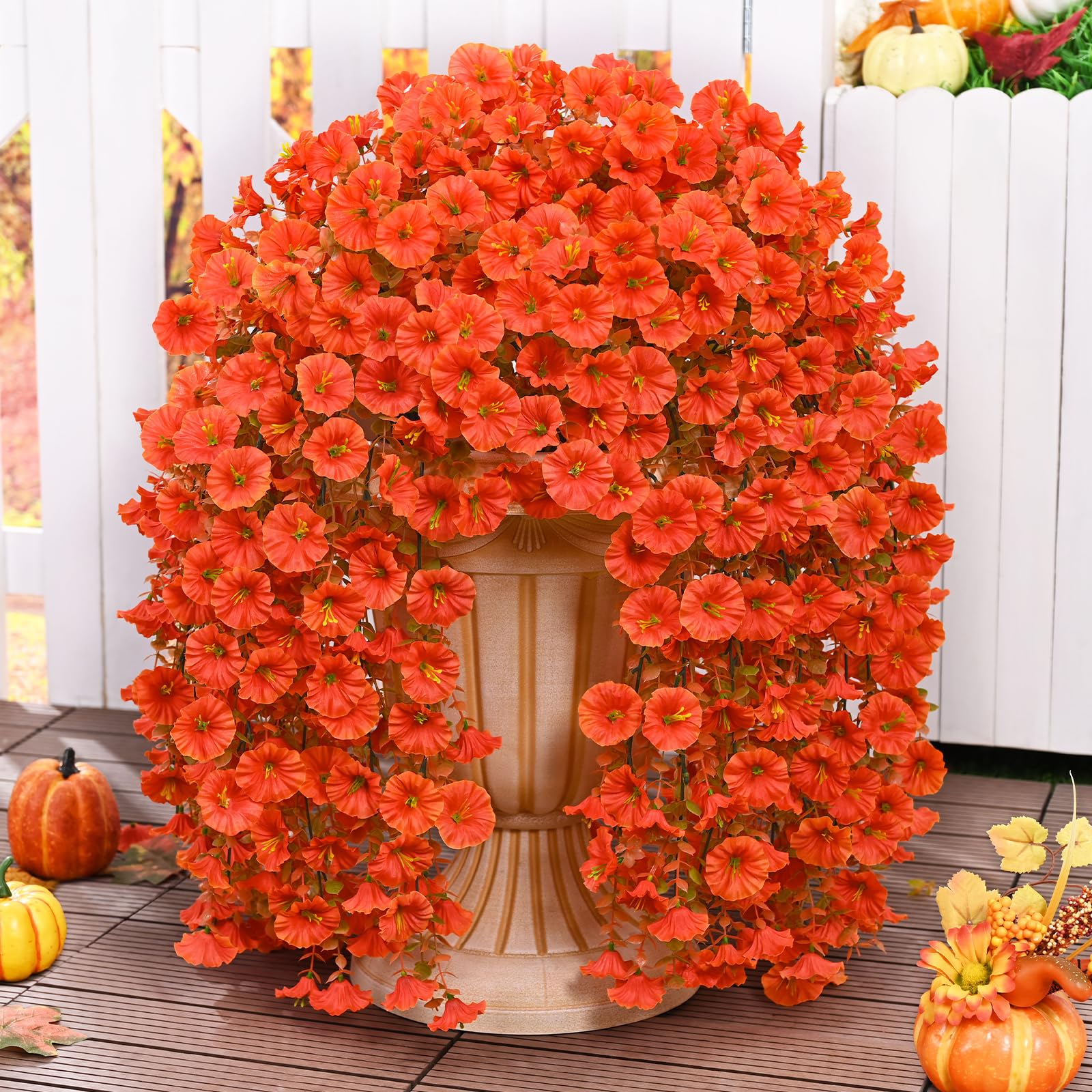 MARTINE MALL Artificial Fall Flowers for Outdoors, 8 PCS Fall Flowers Artificial for Decoration Faux Flower for Outdoor Planters, UV Resistant Fake Autumn Petunias Fake Mums for Porch Patio (Orange)