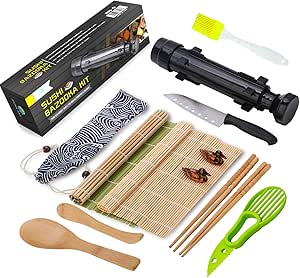 Sushi Making Kit, All In One Sushi Bazooka Maker with Bamboo Mats, Bamboo Chopsticks, Avocado Slicer, Paddle, Spreader, Sushi Knife, Chopsticks Holder, Cotton Bag, DIY Sushi Roller Machine