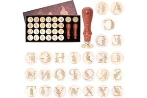 SWANGSA Initial Alphabet Wax Seal Stamp Kit, Vintage Botanical Leaves 26 Letters A-Z Sealing Stamp with 2pcs Wooden Handles for Wedding Party Invitation, Gift Wrap, Envelope, Christmas Card (A-Z Set)