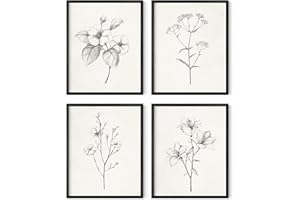 HAUS AND HUES Grey Floral Wall Art - Set of 4 Plant Posters for Wall Vintage, Botanical Prints, Black and White Flower Pictur