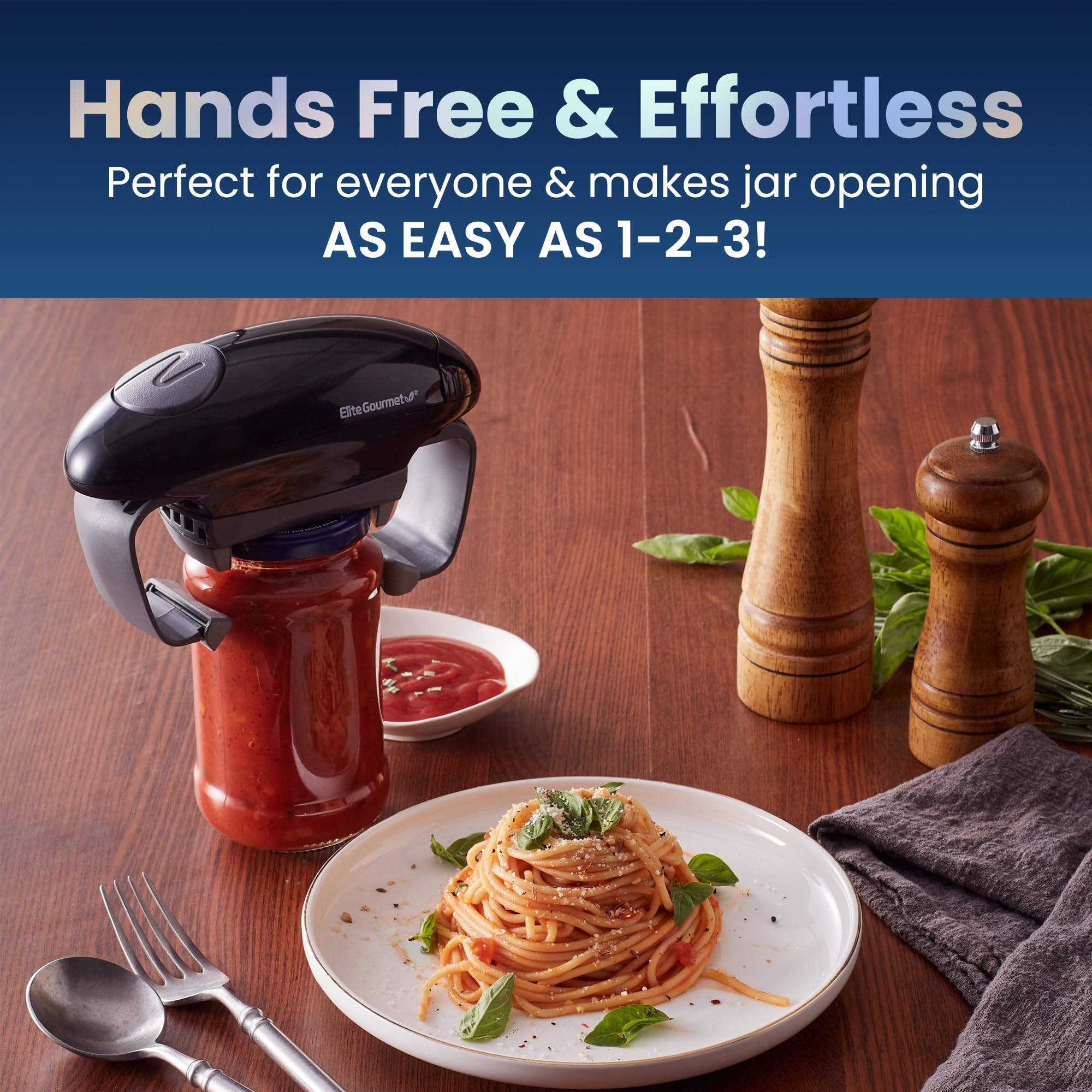 Elite Gourmet EJO800 High Power Torque Automatic Battery Operated Electric Jar Opener, One-Touch Electric Operation, Easily Remove Most-Size Lids with Auto-Size Guides, Black/Gray