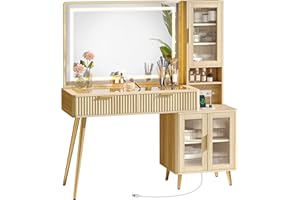 PRAISUN 47.2'' Big Makeup Vanity Desk with 35” LED Lighted Mirror and Power Outlets, Fluted Large Vanity with Glass Top, 2 Drawers and Cabinets, Vanity Table, Natural and Gold