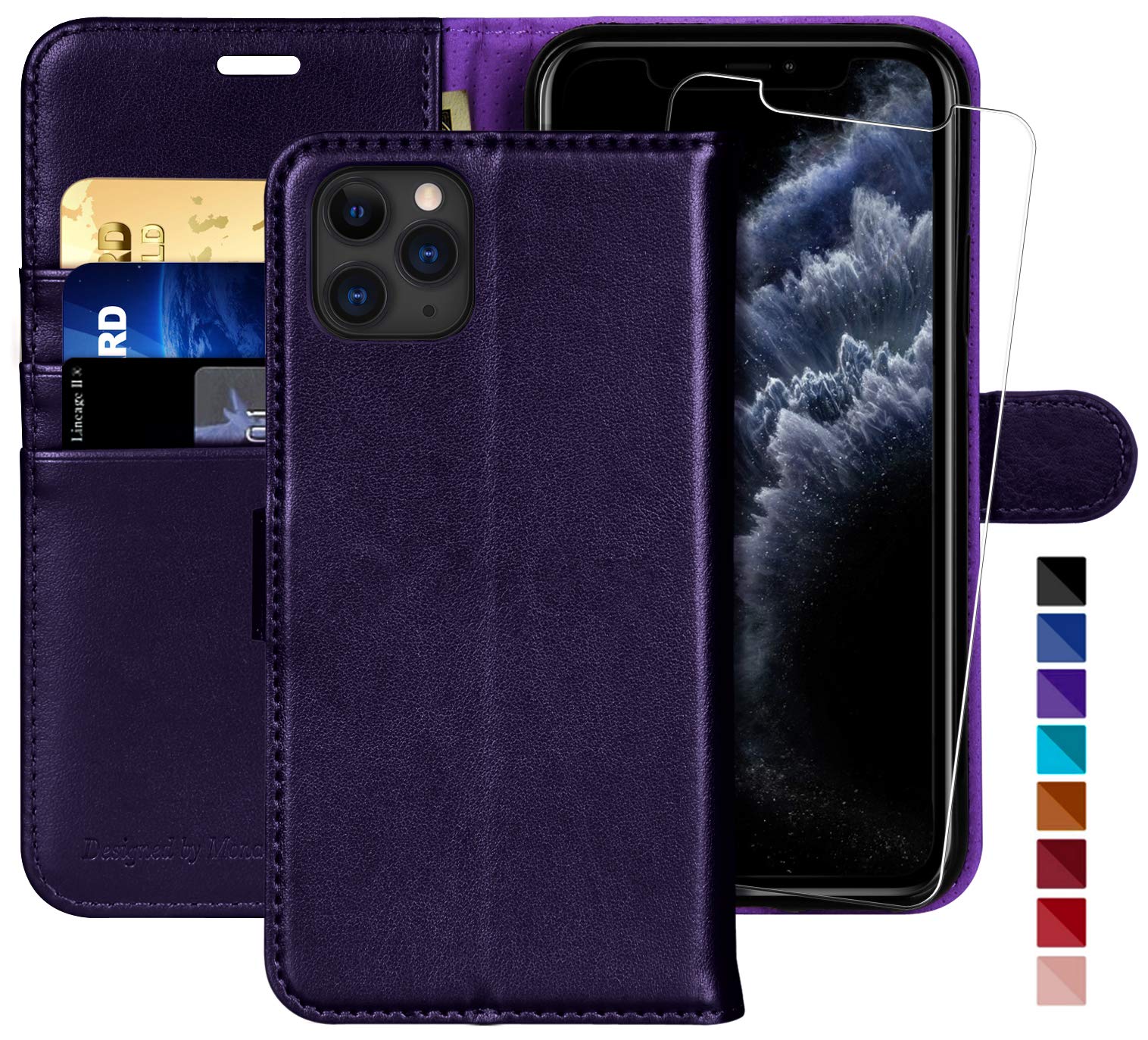 MONASAY iPhone 11 Pro MAX Wallet Case,6.5-inch, [Glass Screen Protector Included][RFID Blocking] Flip Folio Leather Cell Phone Cover with Credit Card Holder for iPhone 11 pro MAX,Purple