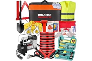 WANDERBLOOMS Car Emergency Kit with Air Compressor,Roadside Emergency Car Kit for Vehicles Auto Truck with Jumper Cables,Winter Car Safety Kit with Folding Shovel Car Repair Tool Set First Aid Kit Blanket Tow Rope