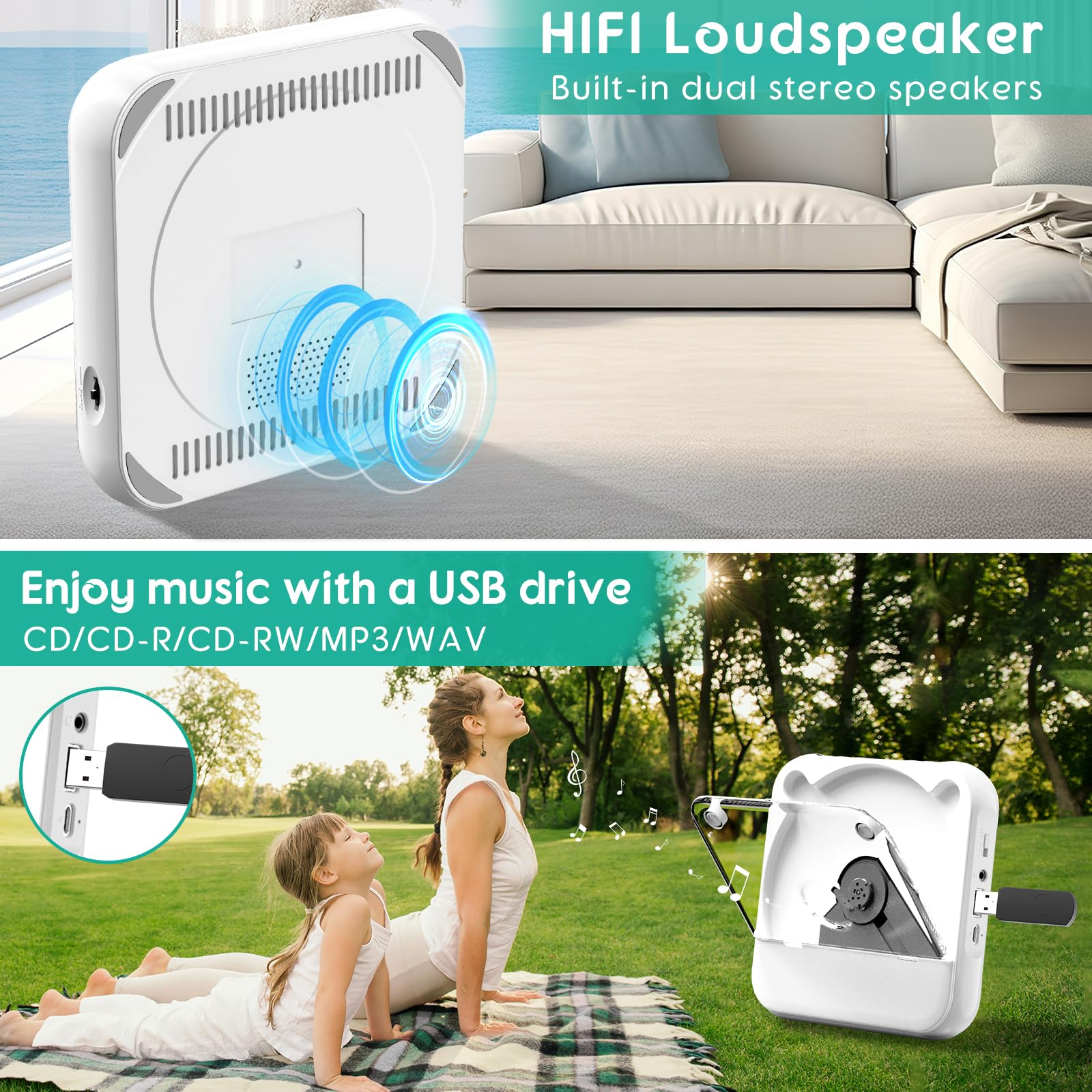 Portable CD Player with Bluetooth, Rechargeable CD Player for Home/Car, Built-in HiFi Speakers, Headphones, LCD Screen, Supports CD/AUX/USB and Repeat Modes, White