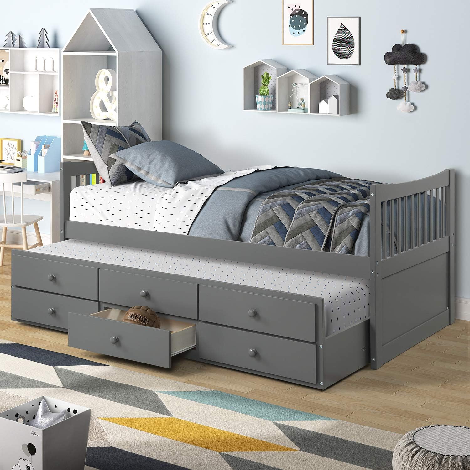 Danxee Wood Bed Captain's Bed Storage Twin Daybed with Trundle Bed and Storage Drawers Platform Bed Kids Bed (Grey)