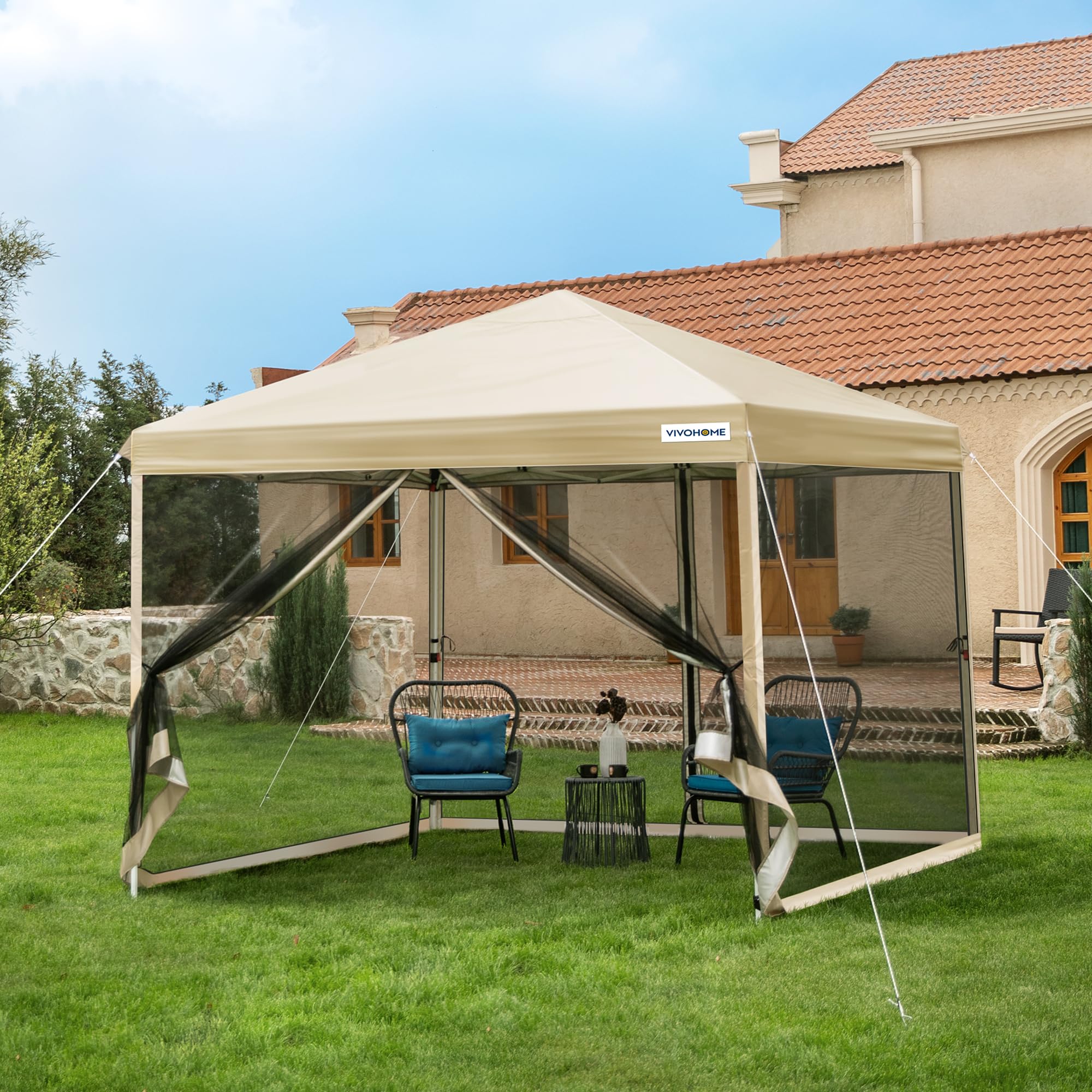 Photo 1 of **CANOPY RIPPED** VIVOHOME 8x8ft Easy Pop-Up Canopy, Outdoor Screen Tent with Mesh Mosquito Netting Side Walls for Camping Picnic Party Deck Yard Events, Beige