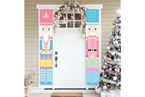 Gilprop 2 Pcs Nutcracker Christmas Porch Banner Decorations Pink Nutcracker Sign, Pastel Christmas Welcome Sign for Front Door 12" x 71" Candyland Xmas Door Hanging Banner Soldier Model Decor for Xmas