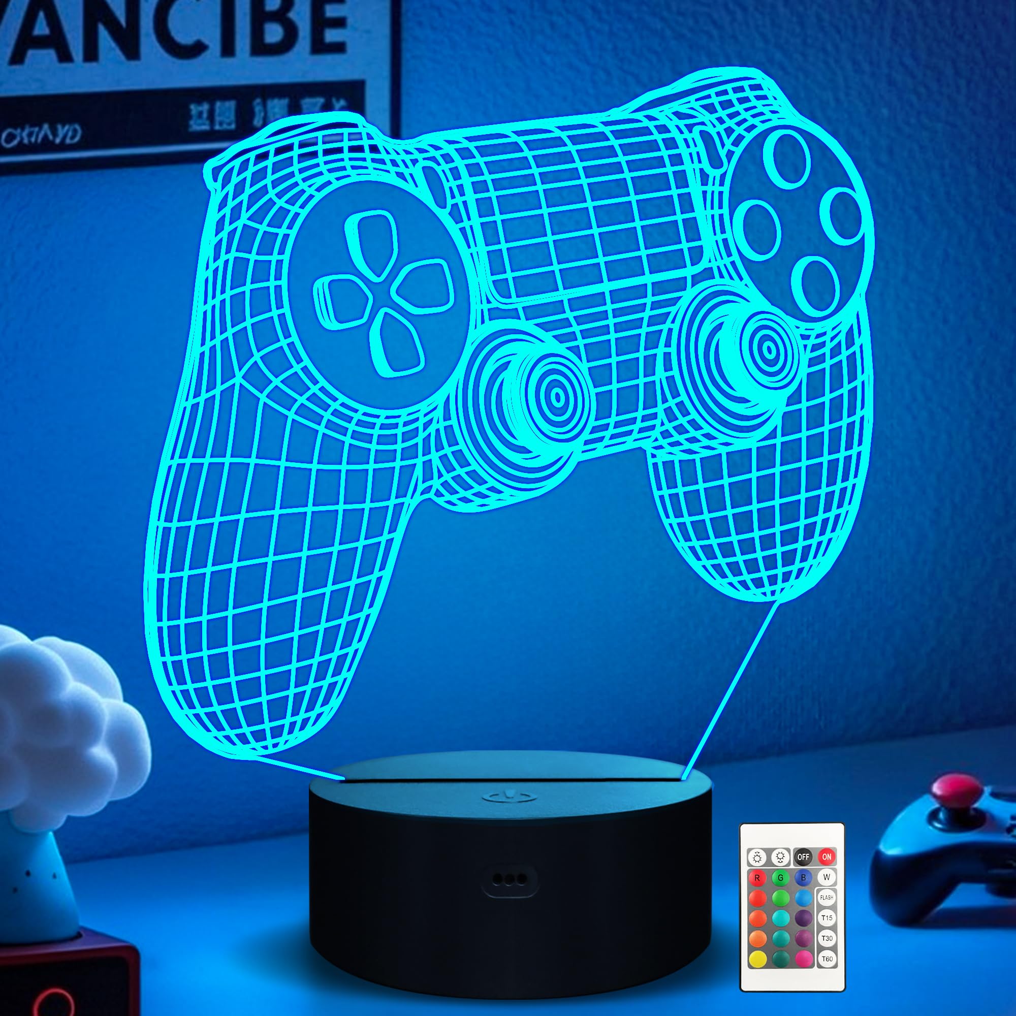 Ammonite Gamepad Night Light, 3D Illusion Game Control lamp 16 Colors Changing with Remote, Game Room Decor as Xmas Holiday Birthday Gifts for Boys Girls