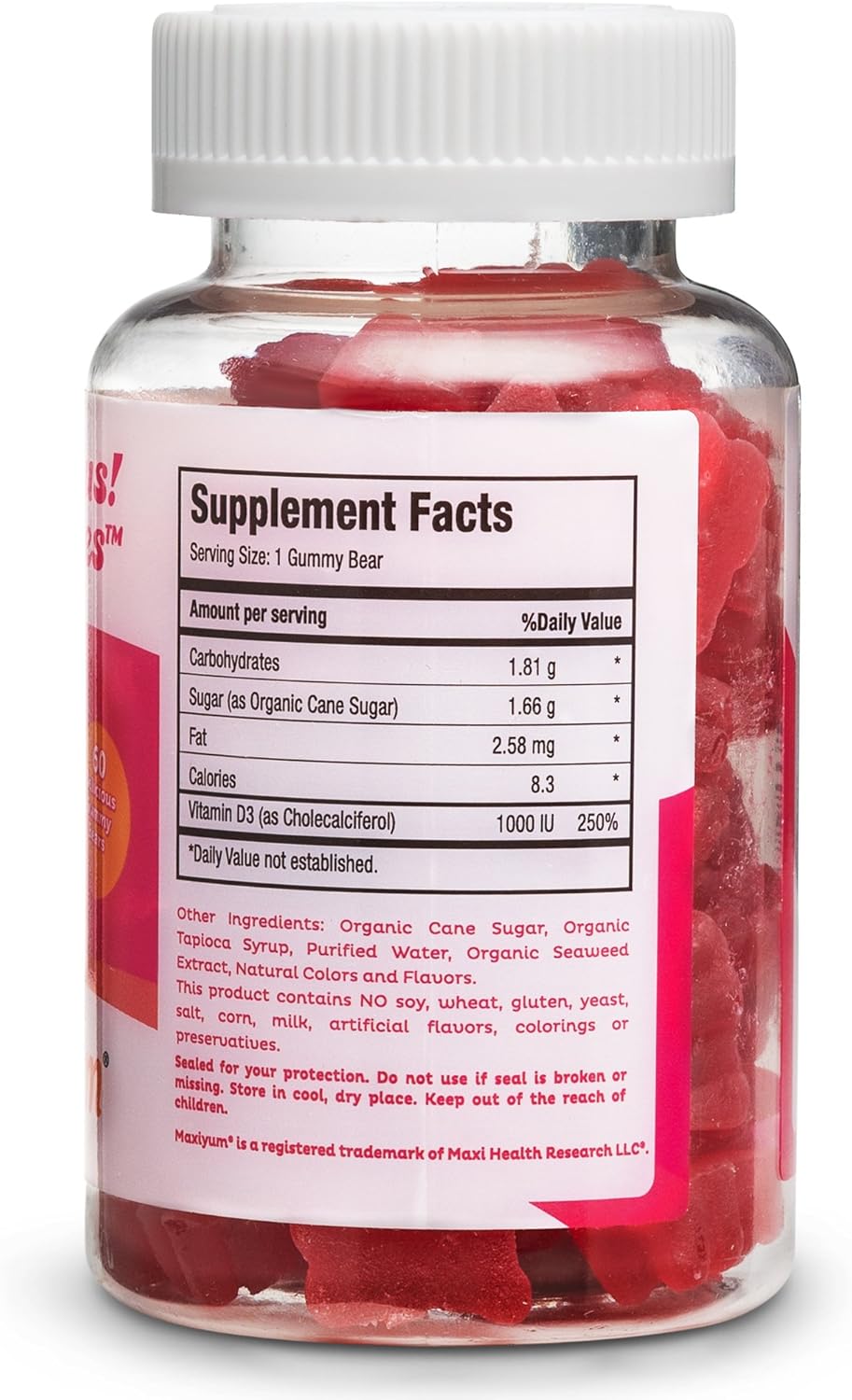 Maxi Health Vitamin D3 Gummies 1000iU (60 Chewables) Cherry Flavor Supplement for Kids & Adults | Fortify Skin, Muscle, Joint, Immune System Health | Non-GMO, Gluten Free: Health & Personal Care