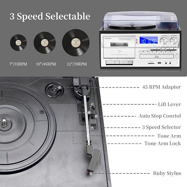 MUSITREND 10 IN 1 RECORD PLAYER WITH EXTERNAL SPEAKERS, 3 SPEEDTURNTABLE WITH AM/FM RADIO, CD & CASSETTE PLAYER, BLUETOOTH, USB/SD PLAYBACK, REMOTE CONTROL, BLACK