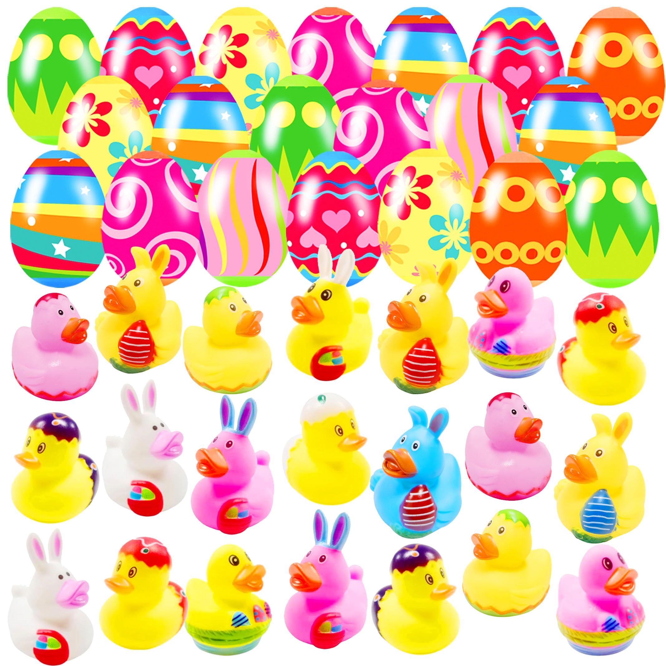 20 Pcs Prefilled Easter Eggs with Rubber Ducks Bright Colorful Easter Eggs Prefilled with Variety Bunny Duckies for Kids Easter Basket Stuffers and Party Favors