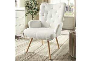 MULEJYBO High Back Chair, Comfy Wingback Accent Chair with Tufted Backrest, Bedroom Single Seat Arm Chair with Wooden Legs, Modern Side Chairs for Living Room, Study, Office (Ivory White)