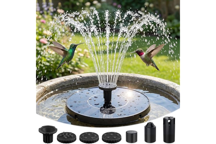 Olutula Solar Bird Bath Fountain, 2026 Upgraded Solar Fountain Pump with 7 Nozzles, 1.4W Free Standing Floating Solar Powered Water Pump Fountain for Bird Bath, Garden, Pond, Pool, Outdoor (6.3in)