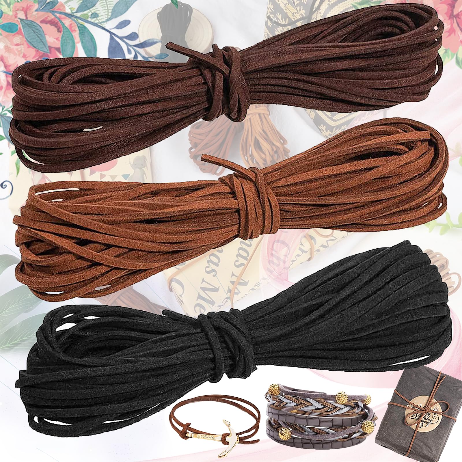 Begpoee 3 Pieces Leather Cord Leather Strap Necklace Cord Bracelet Cord Leather Cord Vintage Leather Cord 10m x 3mm for Bracelet Necklace Making (3 Colors)
