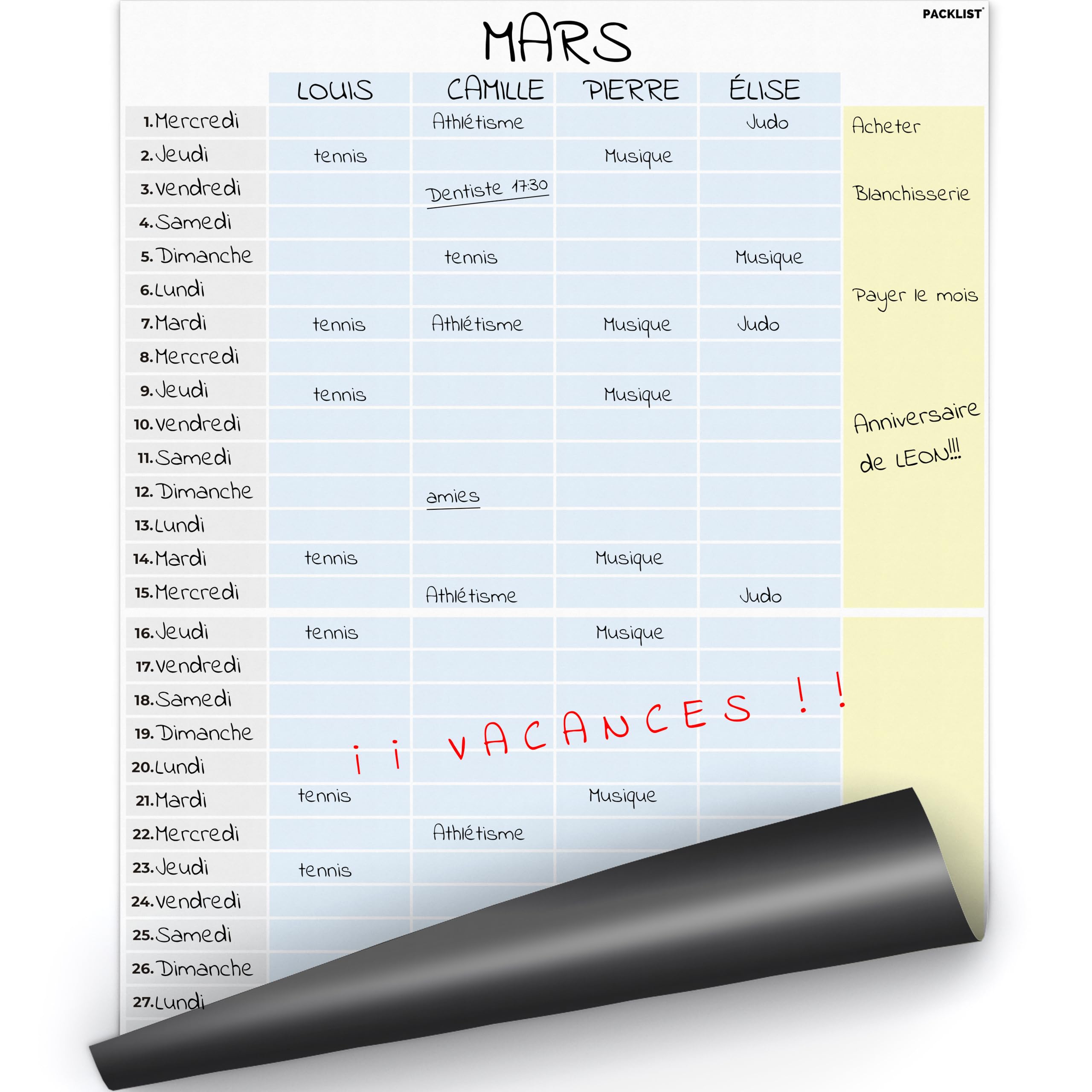 PACKLIST Family Monthly Fridge Magnetic Calendar. 11.7 x 16.5 inch Design Magnetic Monthly Planner for Great Family Planning, Tasks and Daily Activities Organized Family!