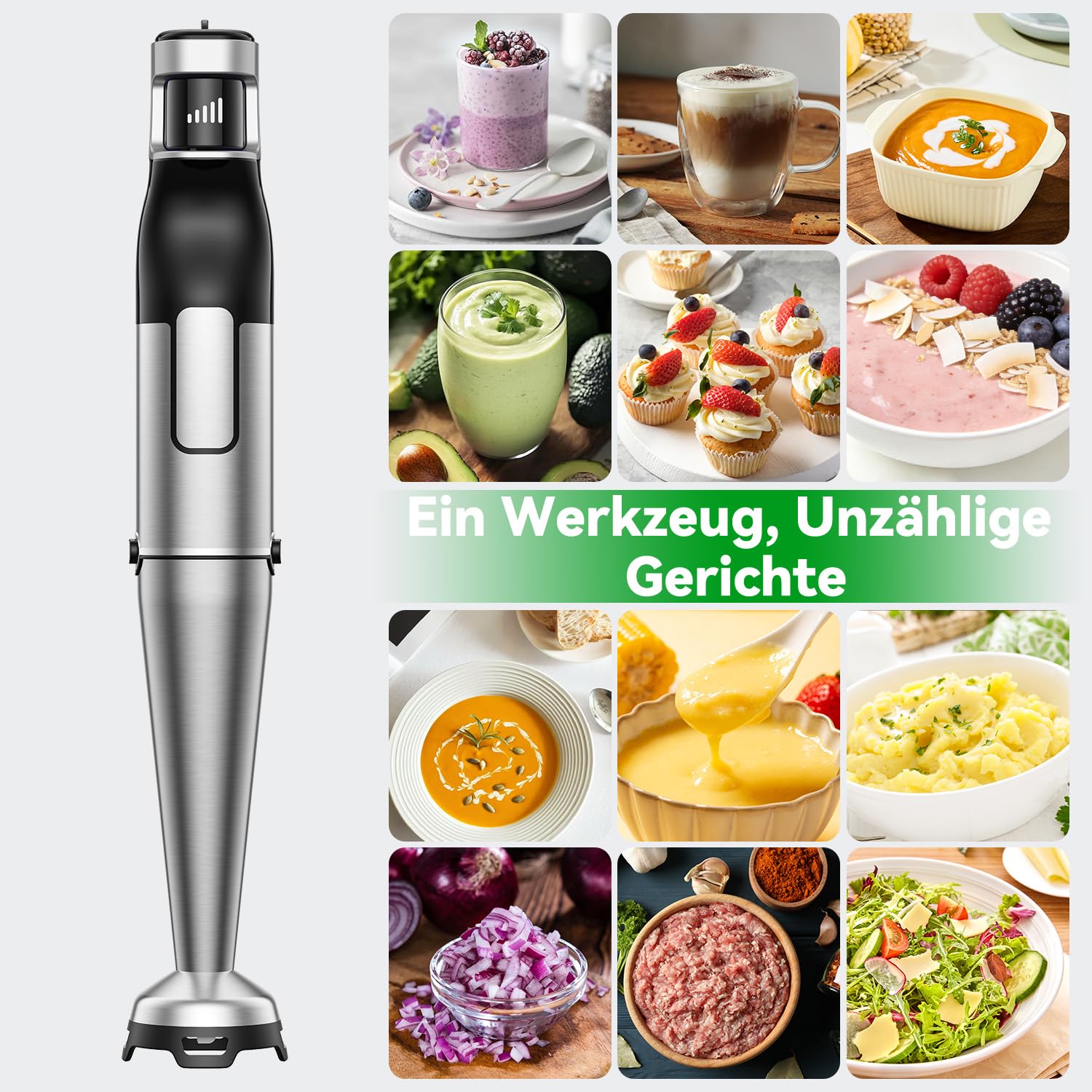 BESROY Stabmixer Set 5 in 1, 1100W Pürierstab Elektrisch, Stufenlose Geschwindigkeit, Edelstahl Hand Blender inkl. Zerkleinerer, Schneebesen, Milchaufschäumer & Messbecher, Ideal für Suppen, Smoothies 4