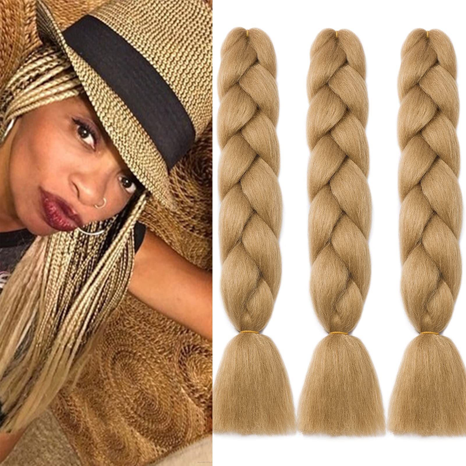 24" Braiding Hair Extension Jumbo Braids Synthetic 3bundles/pack Crochet Hair Afro Box Braid Heat Resistent (Dark Blonde) โ image 1