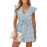 CUPSHE Women's V Neck Floral Print Belted Elastic Waist Romper Ruffled Cap Sleeves Mini Jumpsuit