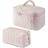 HHQQWZ 2 Pcs Makeup Bag Cosmetic Bag for Women Girls, Cute Large Large Floral Cosmetic Bag, Flower Travel Toiletry Bag Makeup Brushes Cotton Makeup Bag Set (Pink+Pink)