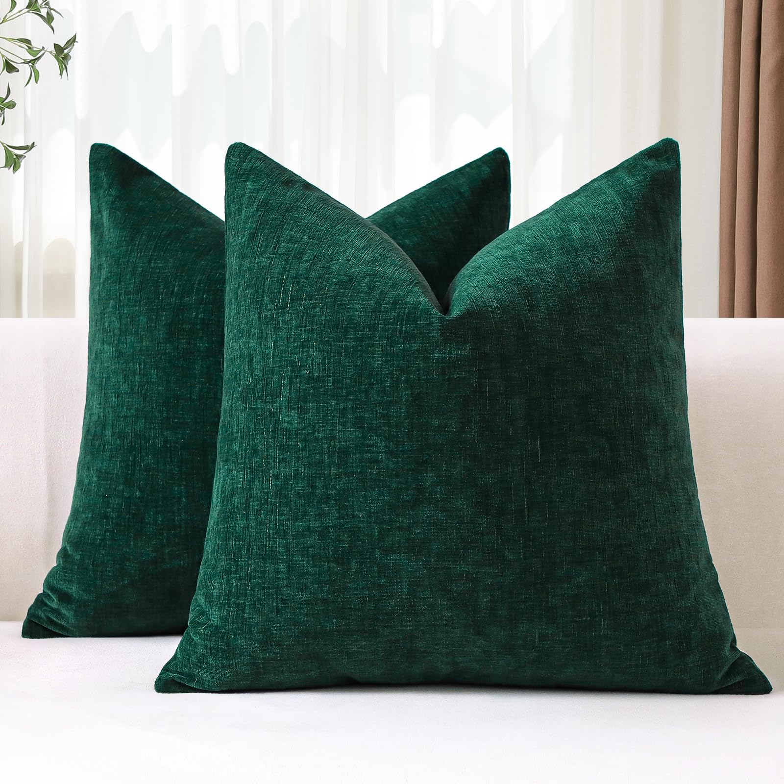 JOTOM Set of 2 Cushion Covers 45x45 cm Soft Chenille Dark Green Decorative Throw Pillow Covers 18x18 Inch Square Cushion Case Solid Pillowcases for Couch Sofa Living Room Bed Home Decor (Dark Green)
