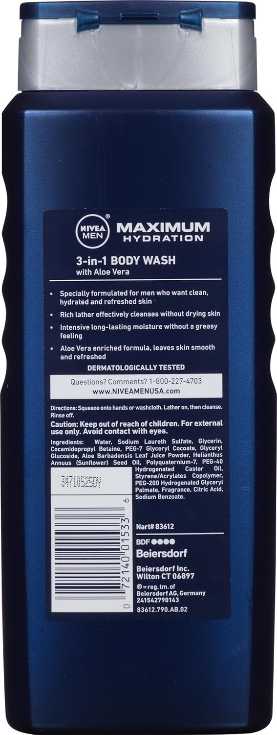 NIVEA Men Maximum Hydration 3-in-1 Body Wash - Clean, Hydrate and Refresh with Aloe Vera - 16.9 Fl. Oz. Bottle (Pack of 3) : Beauty