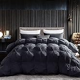 Luxurious All-Season Goose Down Feather Fiber Comforter King Size Duvet Insert, Exquisite Black Pinch Pleat Design, Premium Baffle Box, 100% Egyptian Cotton Cover, 70 oz. Fill Weight, Black