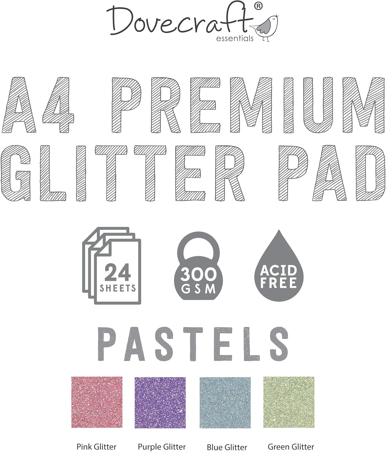Dovecraft Glitter A4 Pad-Pastels, 24 Sheets, Non-shed, 300GSM, 4 Colours, Pink, Purple - Image 3