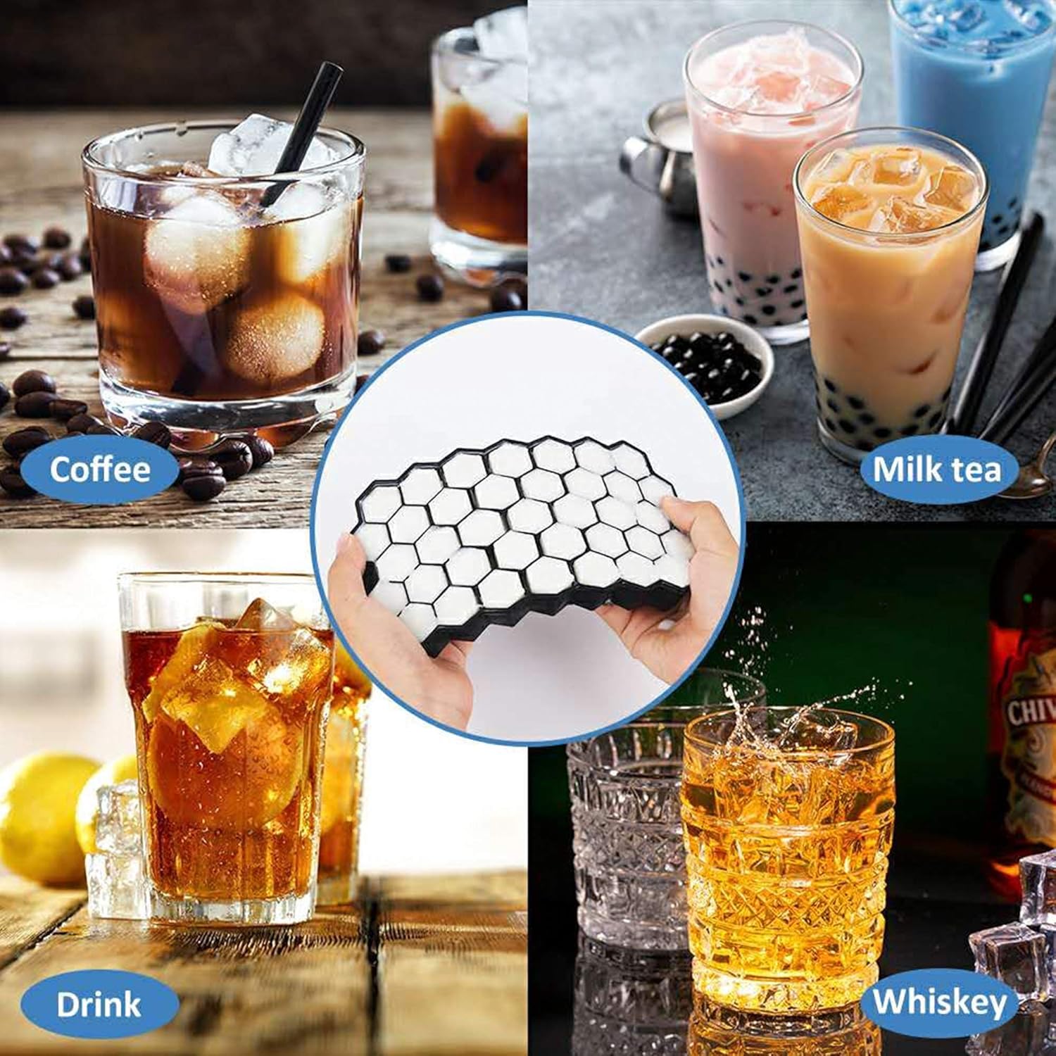 Ice Cube Trays, 2 Pack Food Grade Ice Trays BPA Free with Easy Release for Whiskey & Cocktails and Chilled Drinks, Stackable Flexible Silicone Ice Cube Tray, Reusable（Black）: Kitchen & Dining
