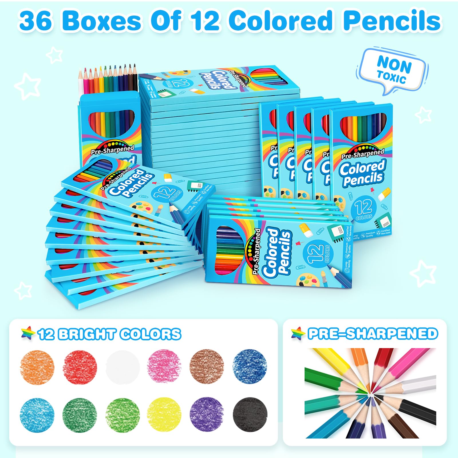 432 Count Colored Pencils Bulk, 36 Pack Colored Pencils for Kids, Pre-sharpened Coloring Pencils in 12 Vibrant Colors, Bulk School Supplies for Teachers, Classroom Prizes, Drawing Art Supplies