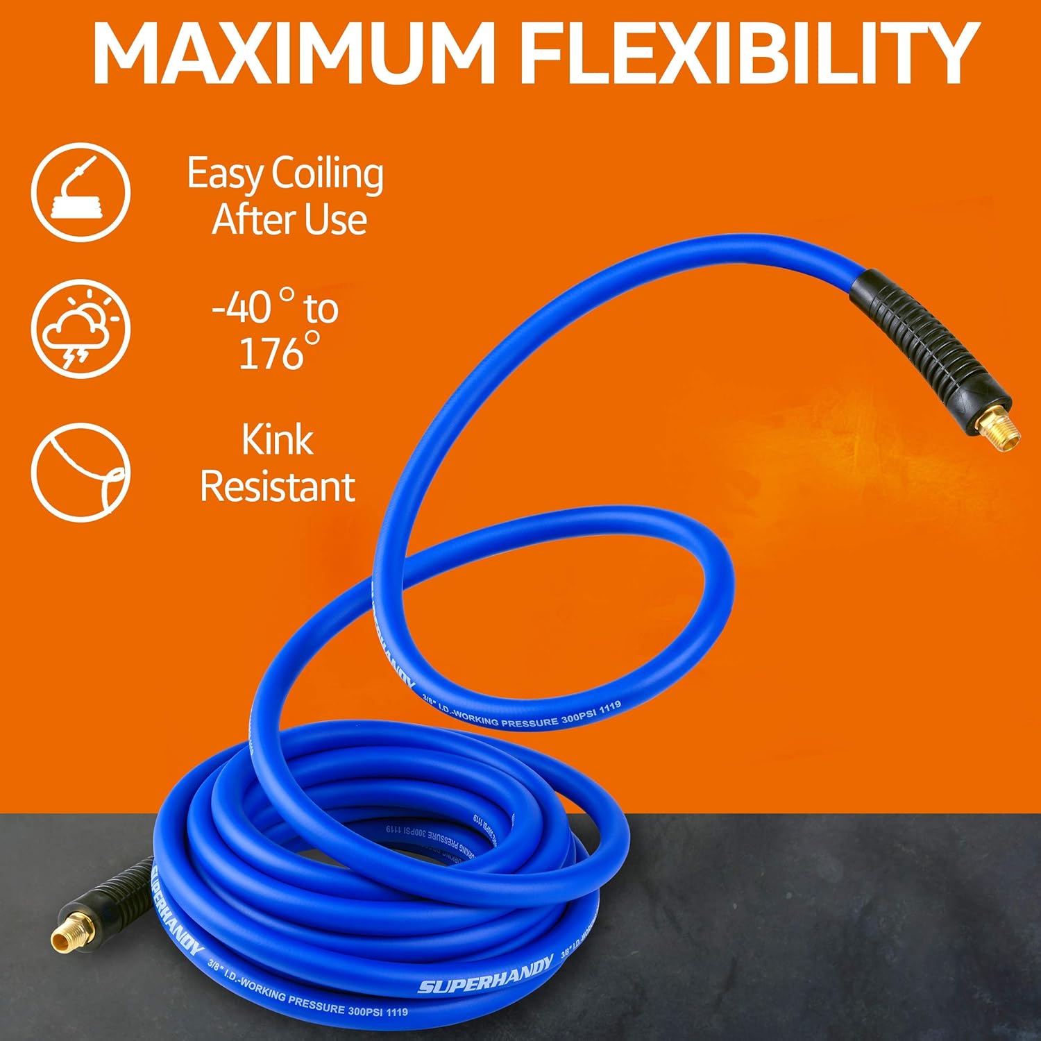 SuperHandy Air Hose Hybrid Polymer 9.2mm(3/8") x 15m(50'ft) with 3/8" BSPT Fitting, 3/8x 50’ Ft. (Blue) Ultra Flex Hybrid Polymer Hose - Image 4