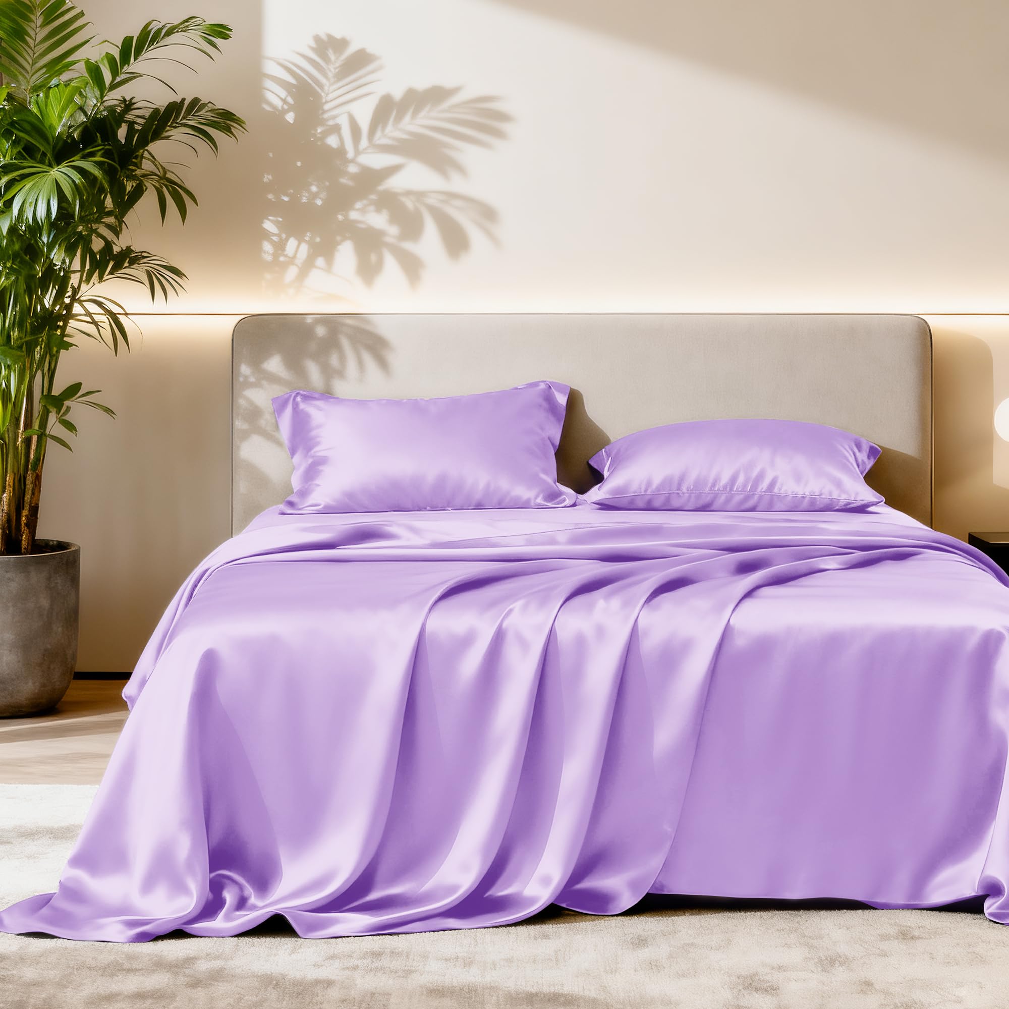 Love's cabin 4Piece California King Satin Bed Linen Set, Lavender Silky Satin Sheets, Deep Pocket, Luxury Silk Feel, 1 Flat, 1 Fitted Sheet, 2 Pillow Cases Image