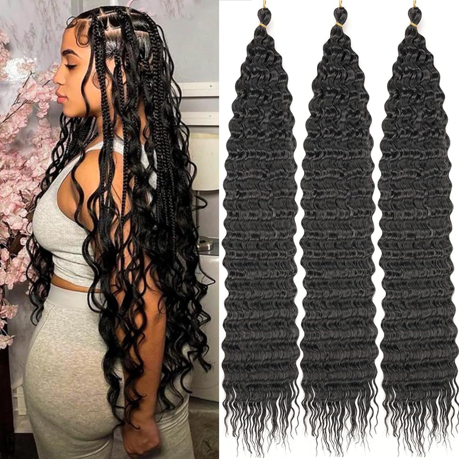 Mscat 3 Pack Curly Wavy Hair Extensions 30 Inch Ocean Wave Crochet Hair for Black Women Boho Braids 1B