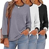 Sweetyweee 3 Pack Women's Long Sleeve Shirts Crewneck Color Block Ribbed Trim Tunic Tops Casual Fall Basic Tee Layer