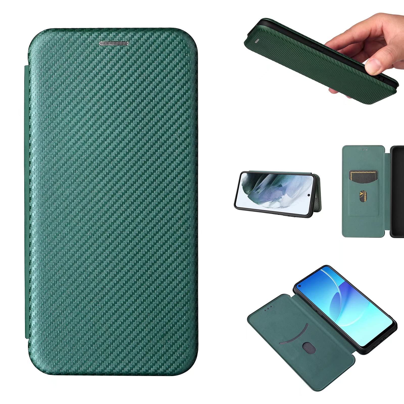 ESONG Carbon Fibre Phone Case for Google Pixel 7, with Magnetic Closure and ID Card Holder Slot case,Scratch-Resistant Carbon Fibre PC + Shockproof TPU + Free Stand - Green — image 1