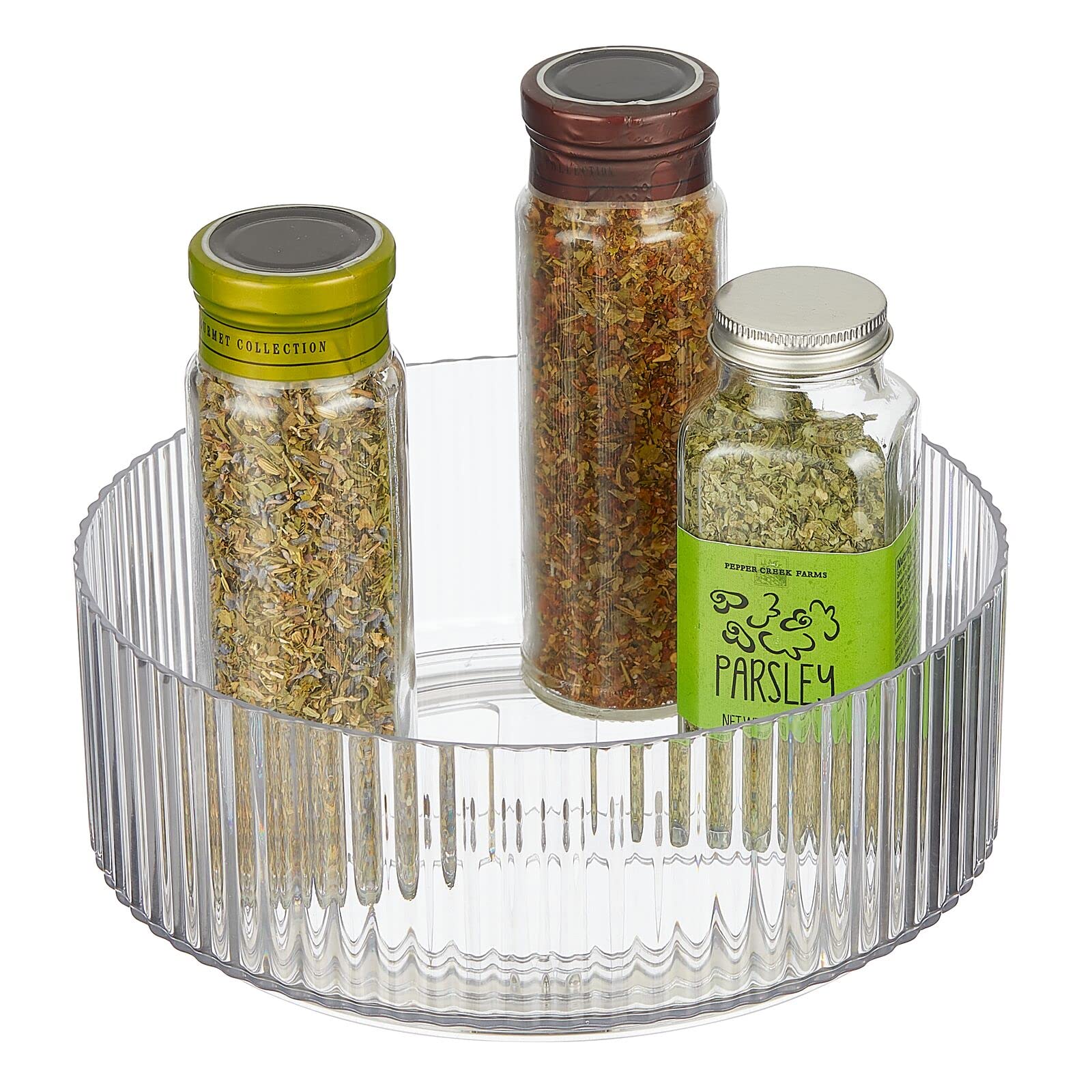 mDesign Fluted Lazy Susan Turntable Plastic Spinner Kitchen Cabinet, Pantry, Fridge, Cupboards, or Counter Organizing - Rotating Organizer Food, Spices, and Condiments - 9'' Round - Clear (16910MDK)