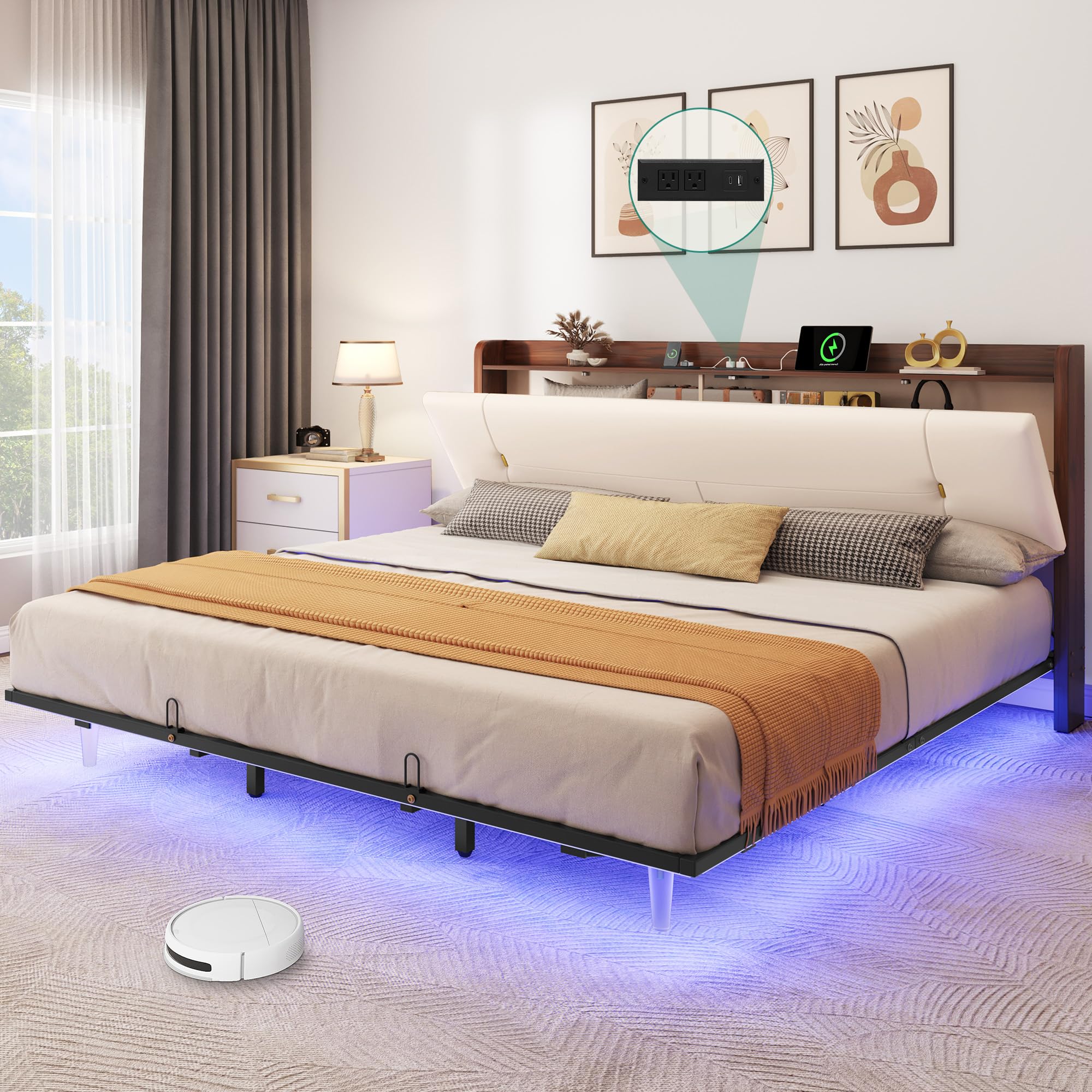 Photo 1 of ***(PARTS MISSING -SELLING AS IS )***
YITAHOME Floating Bed Frame King with USB-C/A Charging Station & Led Light, PU Upholstered Platform Bed with Hidden Storage Headboard, Heavy Duty Metal Slats, No Box Spring Needed, Beige