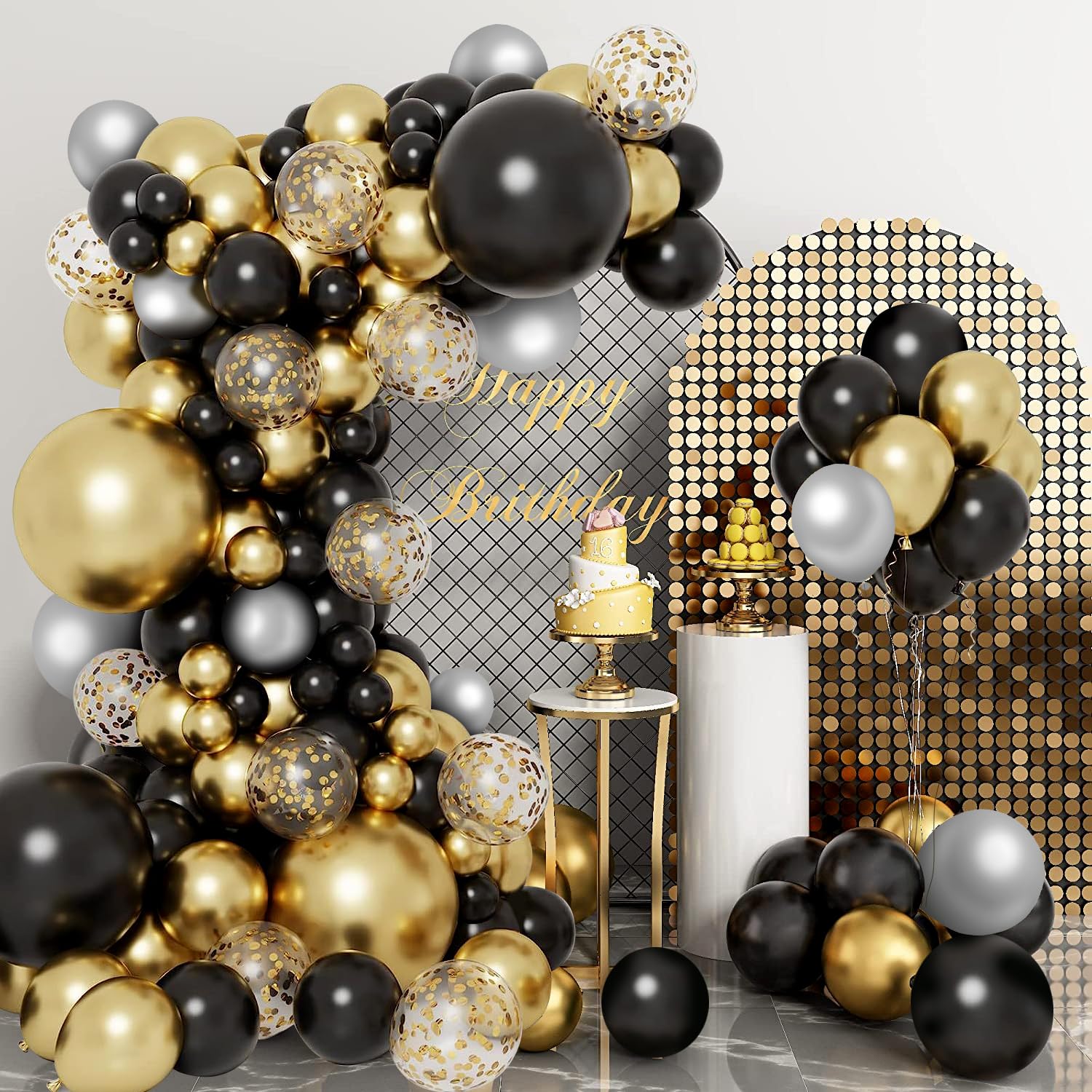 Jstzdq 152 Pcs Balloon Arch Kit, 152Pcs Black Gold Balloon Arch Garland Kit Party Balloon Decor for Men Birthday Party Decoration, Graduation, Anniversary, New Year