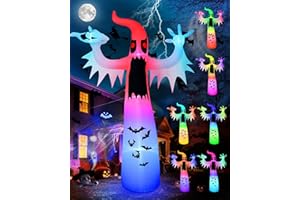 BOSCEOS 12FT Halloween Inflatables Giant Ghost Decoration, Halloween Blow Up Decoration Outdoor with Scary Red Eyes & Flash Color Changing LED Lights, Terrible Halloween Decoration for Yard Garden Lawn Party