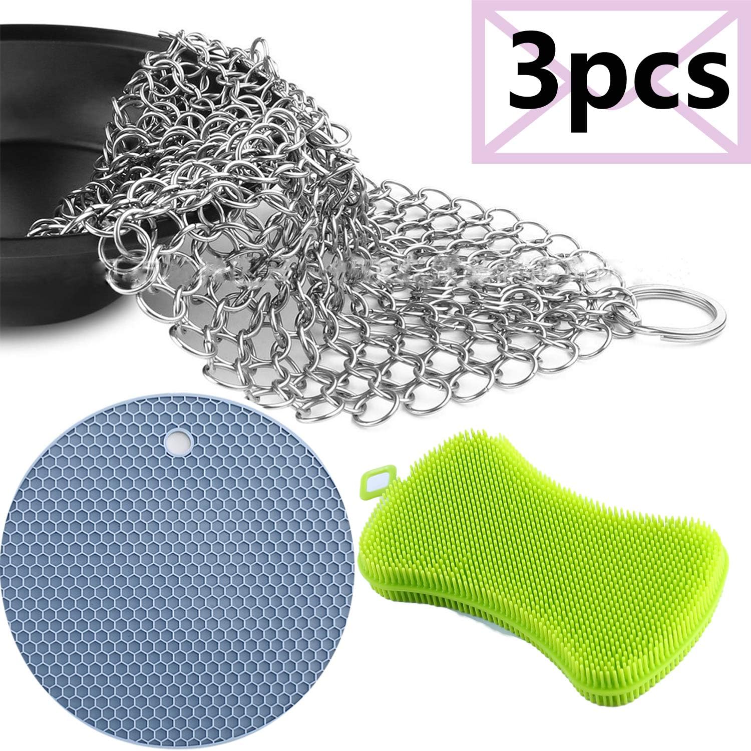 FORFIT 4-in-1 Cast Iron Cleaner Stainless Steel Chainmail Scrubber - Silicone Trivet Mats Hot Pot Holder Placemats Heat Resistance Mat -Silicone Fruits Dishwashing Brush Sponge Cleaning Brush Pad