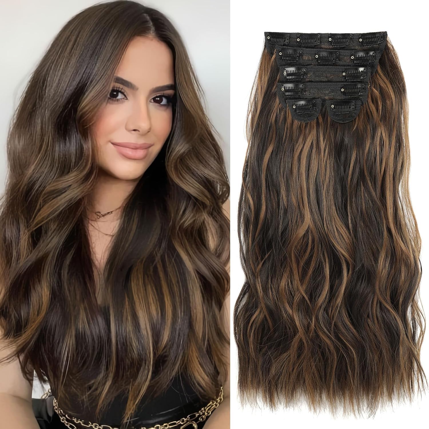 BEAUTY ON LINE Clip in Hair Extensions 6PCS Long Wavy Clip in Extensions 20inch Long Double Weft Hair Piece Brown Highlighted Caramel Blonde Synthetic Hair Extension for Women