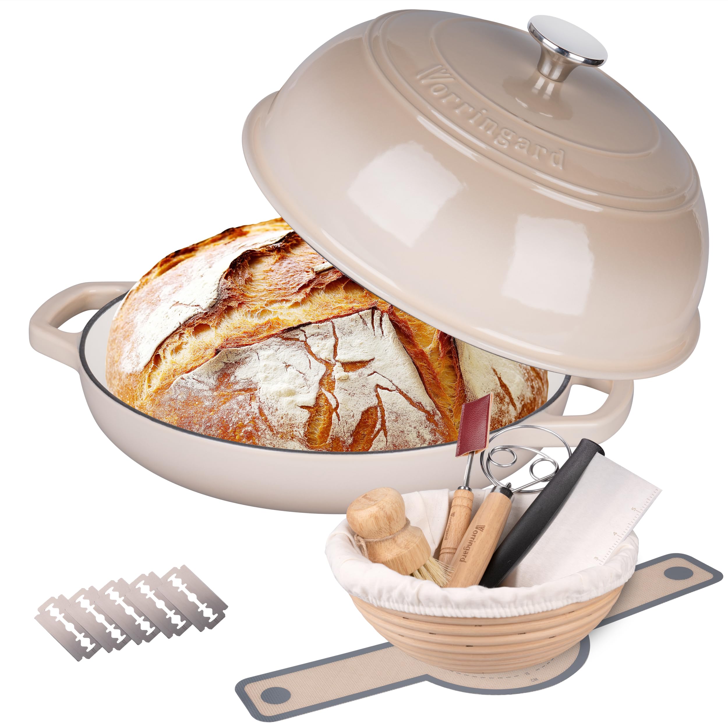 Photo 1 of VORRINGARD Enameled Cast Iron Dutch Oven Pot with Lid, Bread Oven for Sourdough Bread Baking, Dutch Ovens with Bread Proofing Basket& Baking Supplies Set, 6 Quart, Latte