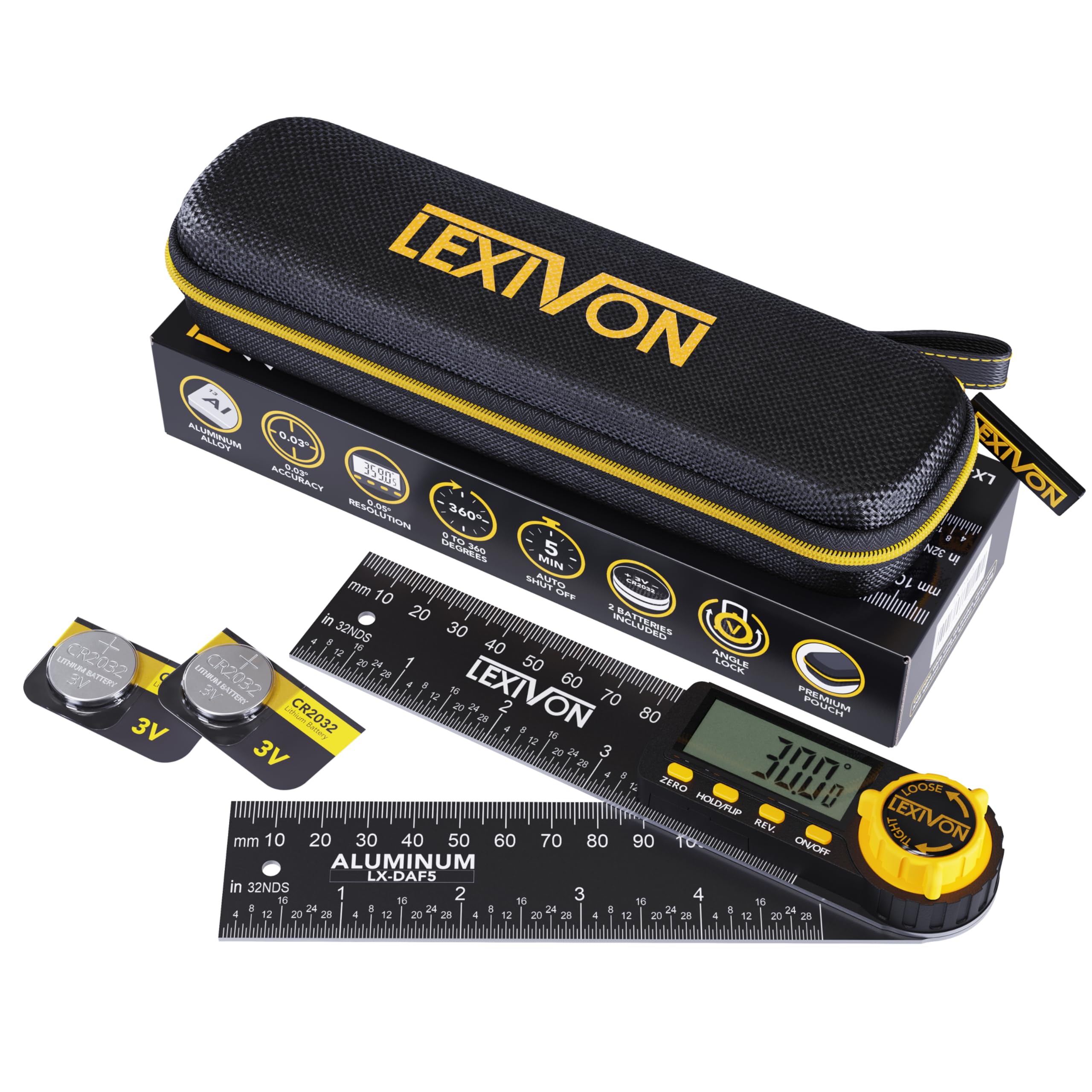 LEXIVON Aluminum Digital Angle Finder Gauge, 5-inch/130mm Multi-Purpose Protractor, Includes XL Display and Rugged Zippered Pouch (LX-DAF5)