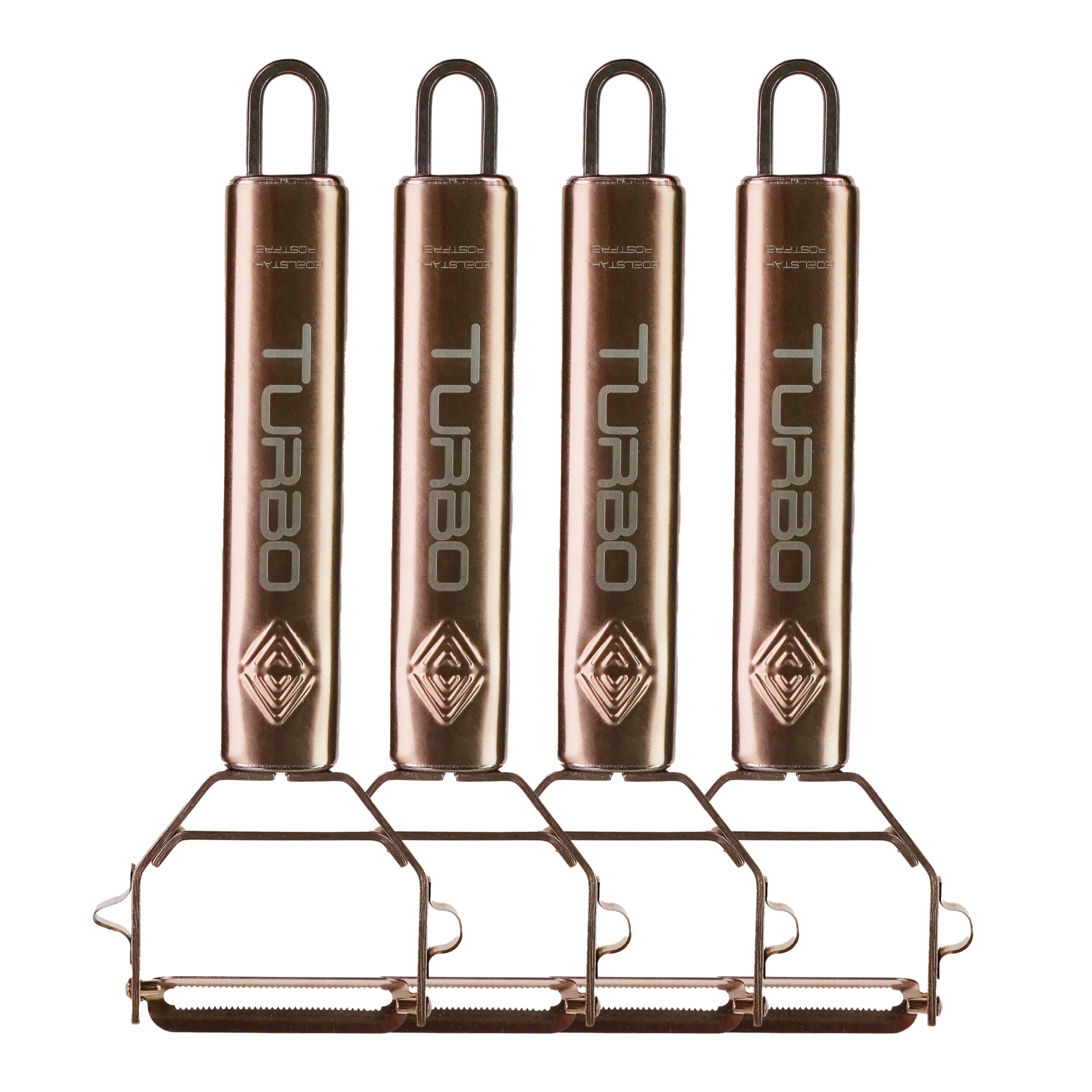 TURBO PRODUKTE Turbo Peeler Stainless Steel Rose Gold for Fruit and Vegetables - Forward and Reverse with Pendulum Blade for Left and Right Handed Users - Pack of 4, TSRG001-4