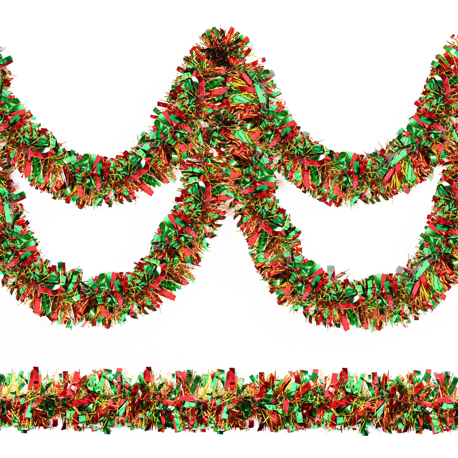 View 1 of *2 Pack* CEWOR 50 Feet Metallic Tinsel Twist Garland with Glitter Foil for Christmas Tree Ornaments Hanging Decoration (Red, Green, Yellow)